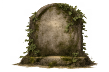 Old, weather-beaten tombstone covered in green ivy and moss, standing as a memorial marker on transparent background