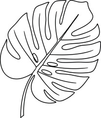 Simple black and white line drawing of a monstera leaf with distinctive holes and cuts on a plain white background