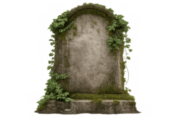 Stone tombstone covered in green ivy vines and moss, featuring an arch top and weathered surface, on transparent background