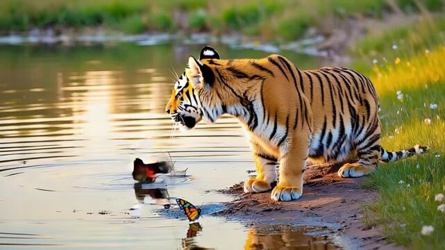 Majestic tiger drinking from serene lake with colorful butterflies fluttering nearby