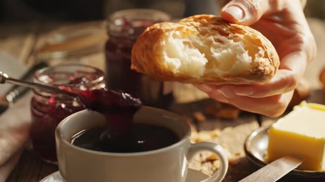 Breakfast scene with coffee croissant and butter
