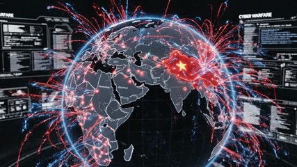 A globe shows a red highlighted China with connecting lines and a yellow star. Red and blue trails emanate - Powered by Adobe