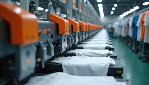 Modern factory machines print designs on white tshirts in rows. Automated production line for apparel in textile industry. Garments hang on racks ready for shipment.