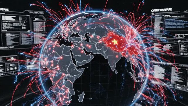 A globe shows a red highlighted China with connecting lines and a yellow star. Red and blue trails emanate