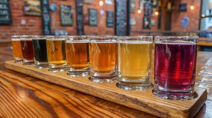 A wooden tray presents a variety of colorful beverages in small glass cups on a rustic table, illuminated by warm indoor lighting