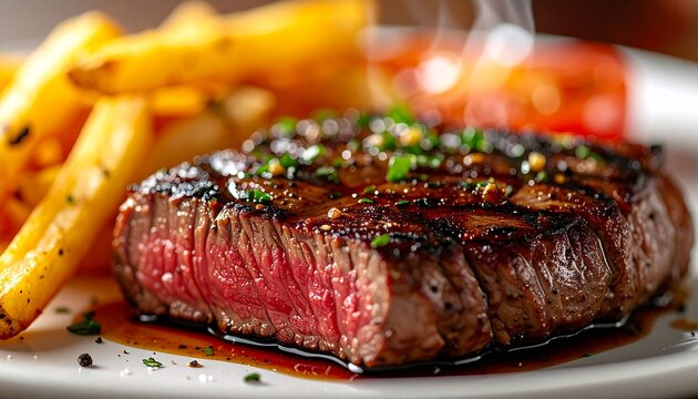 Steak daging sapi panggang medium-rare dengan kentang goreng renyah disajikan di atas piring putih