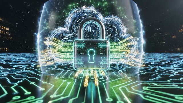 A glowing padlock with a keyhole design hovering above a digital circuit board and cloud data