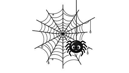 Cute cartoon black spider with smiling face on intricate spiderweb, isolated on white for Halloween fun.
