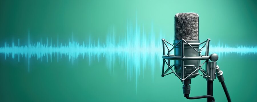 Professional studio microphone records voice with sound wave. Audio equipment for music podcast or broadcast production. Clear sound signal with teal background. - Powered by Adobe