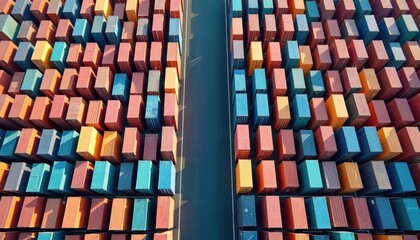 Aerial view of densely packed shipping containers in various colors. Cargo boxes form neat rows, suggesting efficient logistics, global trade networks. Organized stack system highlights warehousing,