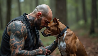 Man with extensive tattoos shares tender moment with pitbull dog in forest. They touch foreheads showing deep connection and affection between pet and owner. Outdoor nature scene.