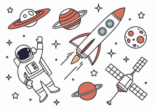 Vector illustration of a complete space exploration set on one sheet, including astronaut, rocket, planets, stars, satellite, UFO, moon, space station, comet, flat minimal vector style, bright but lim