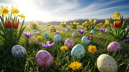 Colorful easter eggs nestled in a spring meadow with blooming flowers