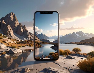 Phone shows a mountain lake view, framed on a rocky foreground