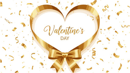 Elegant Valentine's Day greeting with a large gold ribbon shaped like a heart, a gold bow, and falling confetti on white © Delowara