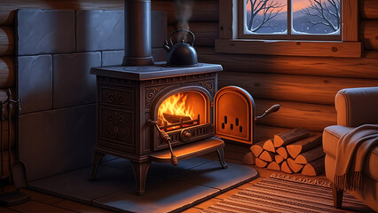 Hygge Living: Traditional Cast Iron Wood Stove, Crackling Fire, and Warm Winter Ambiance