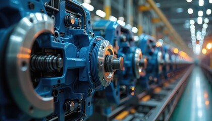 Industrial machines in a factory line. Blue metal units with gears and circular elements. Production, manufacturing, engineering, technology, heavy industry.