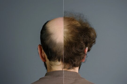 Transformation of hair: a striking contrast showcasing baldness and unruly locks in a captivating display of hair textures
