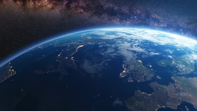 A photorealistic Earth at night, lit by city lights and framed by a starry Milky Way