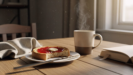 A cozy morning scene features steaming coffee in a ceramic mug, jam-topped toast on a plate, and an open book on a sunlit wooden table. Dust motes dance in the warm light.