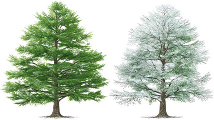 Two same spruce trees side by side one representing summer one winter on transparent background