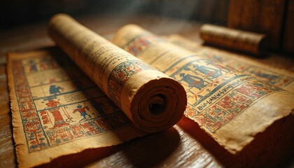 Close-up ancient Egyptian papyrus scrolls with hieroglyphics and figures. Aged parchment texture, old document detail shows history and culture. Unrolled manuscript with text and drawings.