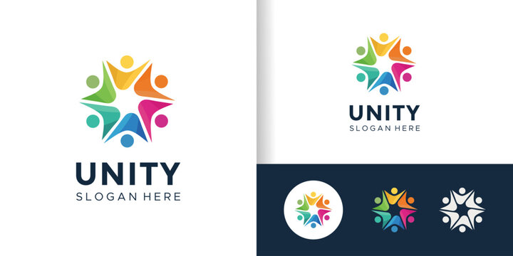 Unity Community Logo Design with Colorful People Figure Group for Social Charity and Support Branding