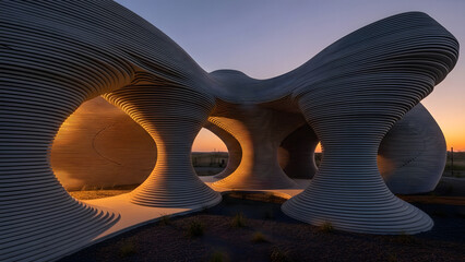 3D Printed Construction Buildings Standing Tall in Desert Landscape at Dusk with Unique Architecture