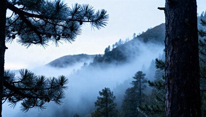 Misty Mountain Landscape with Pine Trees at Dawn or Dusk