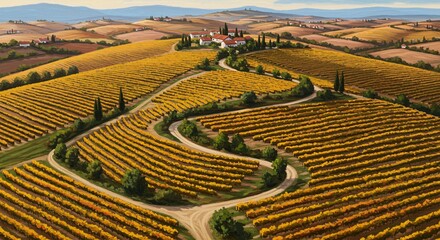 Vibrant Vineyard Landscape with Rolling Hills and Rural Homes in Autumn