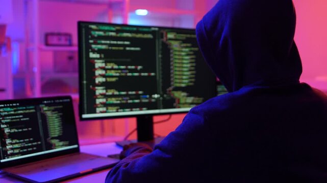 Hacker scammer coding trojan or computer virus to hacking security system break secret organization system. 