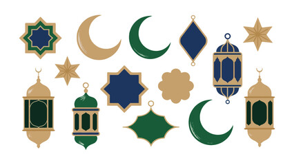 Islamic Festive Ornament Collection: An array of stylized illustrations showcasing crescent moons, stars, and ornate lanterns, symbolizing peace and reverence during a festive celebration.
