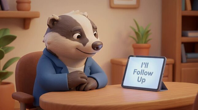 Animated badger character presenting information in a cozy interior