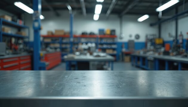 Blurry auto repair shop interior with metal workbench in foreground. Shelves with auto parts, tools, and car lift visible. Ideal for automotive ads.