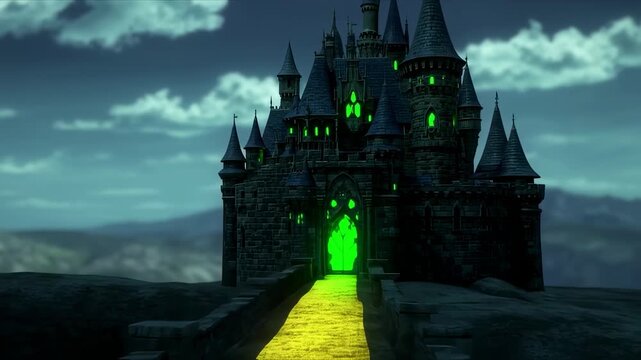 A foreboding, dark castle with glowing green windows and entrance, a yellow path leading toward it