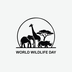 Savanna wildlife silhouette vector with giraffe, elephant, rhino, and acacia tree for World Wildlife Day awareness