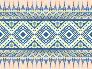 Geometric Navy Blue and Cream Ethnic Pattern Background, Hmong Style Tribal Motif for Textile Print, Wallpaper, and Modern Boho Fashion Design