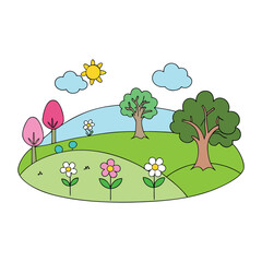 A vibrant spring landscape with blooming flowers, lush green meadows, chirping birds, and gentle sunlight, creating a fresh, lively, and cheerful outdoor scene.
