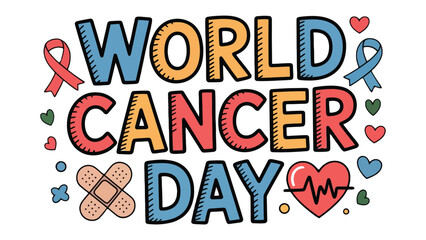 World Cancer Day: A vibrant graphic, adorned with symbolic ribbons and hearts, commemorates World Cancer Day, representing solidarity and support for those impacted by the disease.