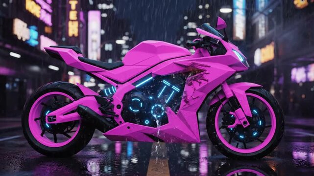 Dynamic Pink Motorcycle with Neon Glow in a Rainy Cyberpunk Cityscape