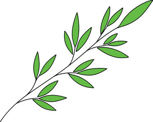 Simple illustration of a green stem with leaves on a white background showcasing a natural element