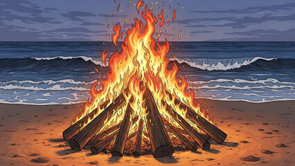 Vibrant cartoon illustration of a roaring beach bonfire under a dramatic twilight sky by the ocean.