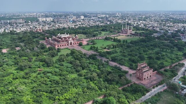 Aerial view of the Tomb of Akbar in Agra, India
