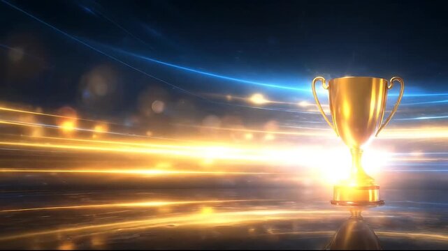 Golden trophy shining brightly on a dark reflective surface with light streaks and blur effects