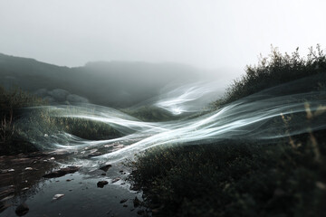 Ethereal white energy currents and light trails flowing through a misty dark mountain landscape at twilight.