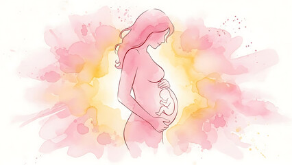 Soft watercolor drawing of a pregnant woman with an unborn baby, depicting motherhood and anticipation.