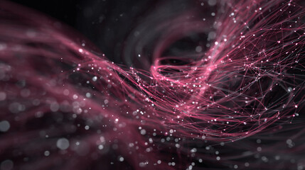 Abstract digital network with pink glowing interconnected lines and floating bokeh particles representing big data technology.