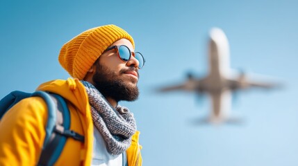 A young man in a bright yellow jacket and beanie looks up with anticipation as a plane flies above him. The clear blue sky and his joyful expression reveal his love for adventure and travel