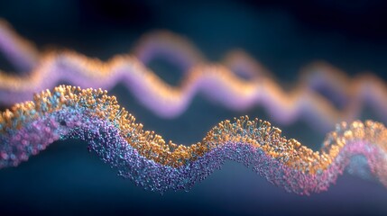 A close-up view presents an abstract, undulating, and textured strand against a dark, bluish background, with hues of orange and purple