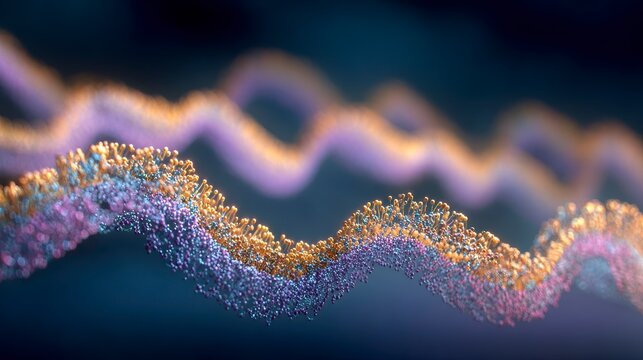 A close-up view presents an abstract, undulating, and textured strand against a dark, bluish background, with hues of orange and purple - Powered by Adobe